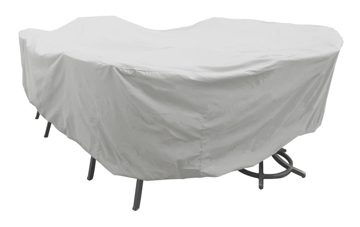 Protective outdoor furniture cover. The color is light gray. It fits Large Oval/Rectangle Table & Chairs.