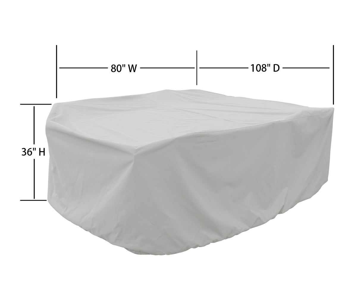 This image shows the dimensions of this particular outdoor furniture cover. It measures 108 inches in diameter. It measures 80 inches wide and 36 inches tall.