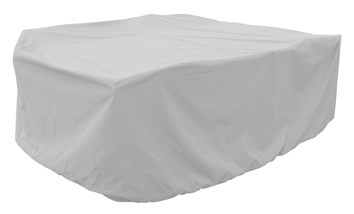 Protective outdoor furniture cover. The color is light gray. It fits Medium Oval/Rectangle Table & Chairs.