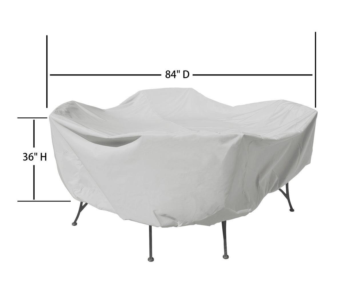 This image shows the dimensions of this particular outdoor furniture cover. It measures 84 inches in diameter and 36 inches tall.