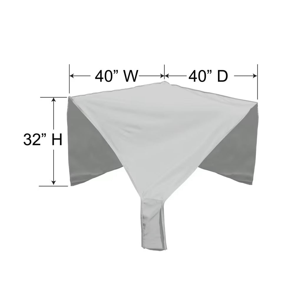 This image shows the dimensions of this particular outdoor furniture cover. It measures 40 inches in diameter. It measures 40 inches wide and 32 inches tall.