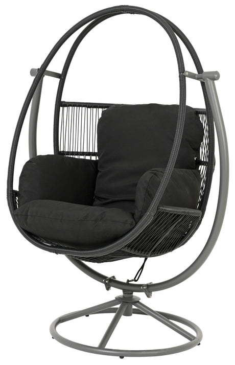 Wicker chair shaped like an egg. This is the black option.