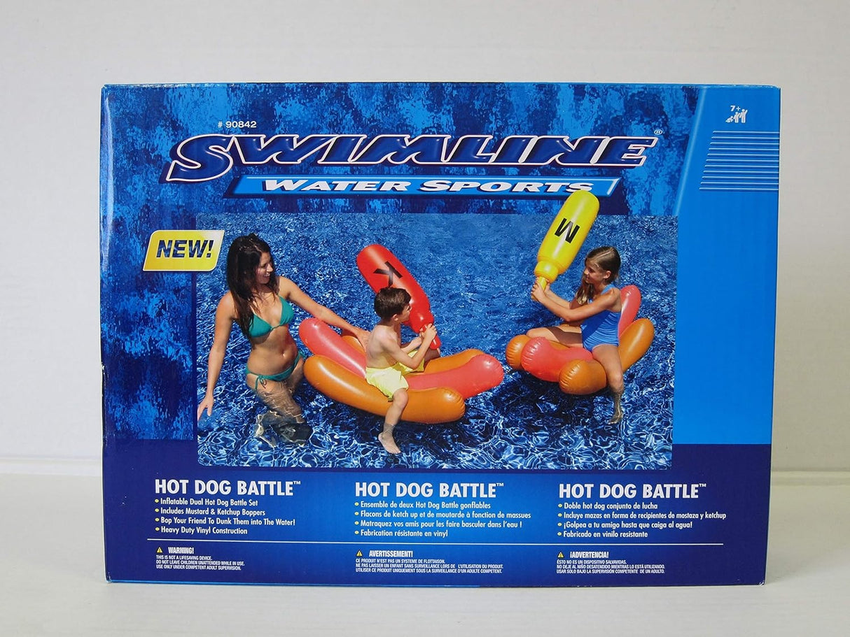 An inflatable ride on pool game. The pool floats are shaped like hot dogs in buns. The battle boppers are shaped like condiments. One is ketchup and one is mustard. This image shows the packaging the game comes in.