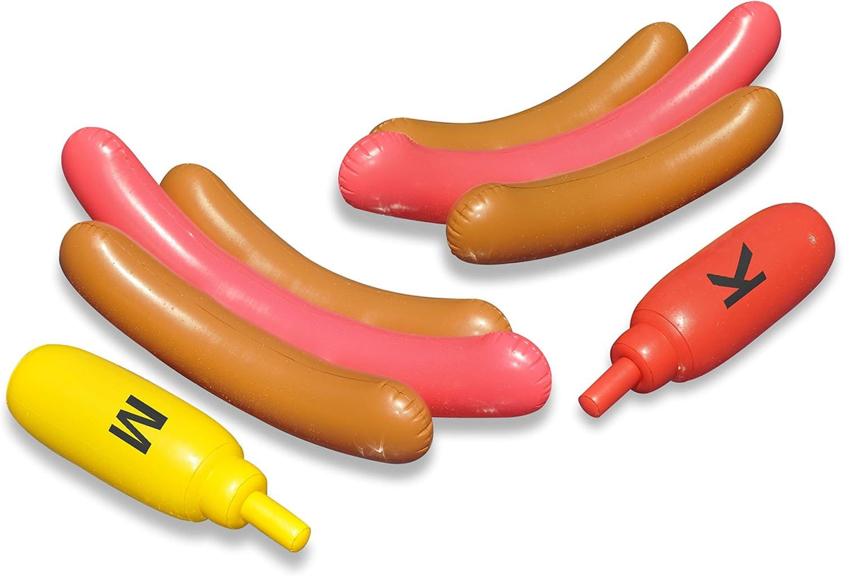 An inflatable ride on pool game. The pool floats are shaped like hot dogs in buns. The battle boppers are shaped like condiments. One is ketchup and one is mustard.