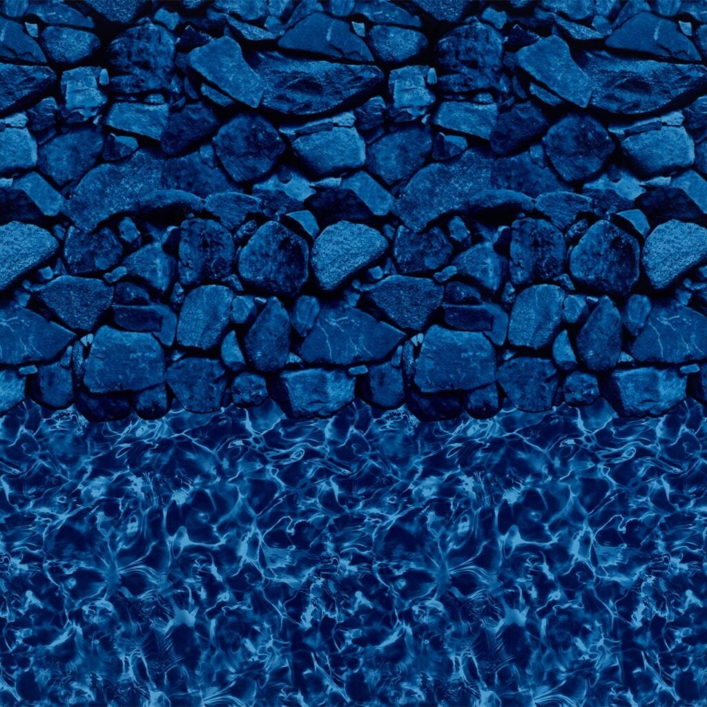 This is an up close view of this specific pool liner. The design is in different shades of blue. The top part of it looks like rocks and the bottom part looks like water.