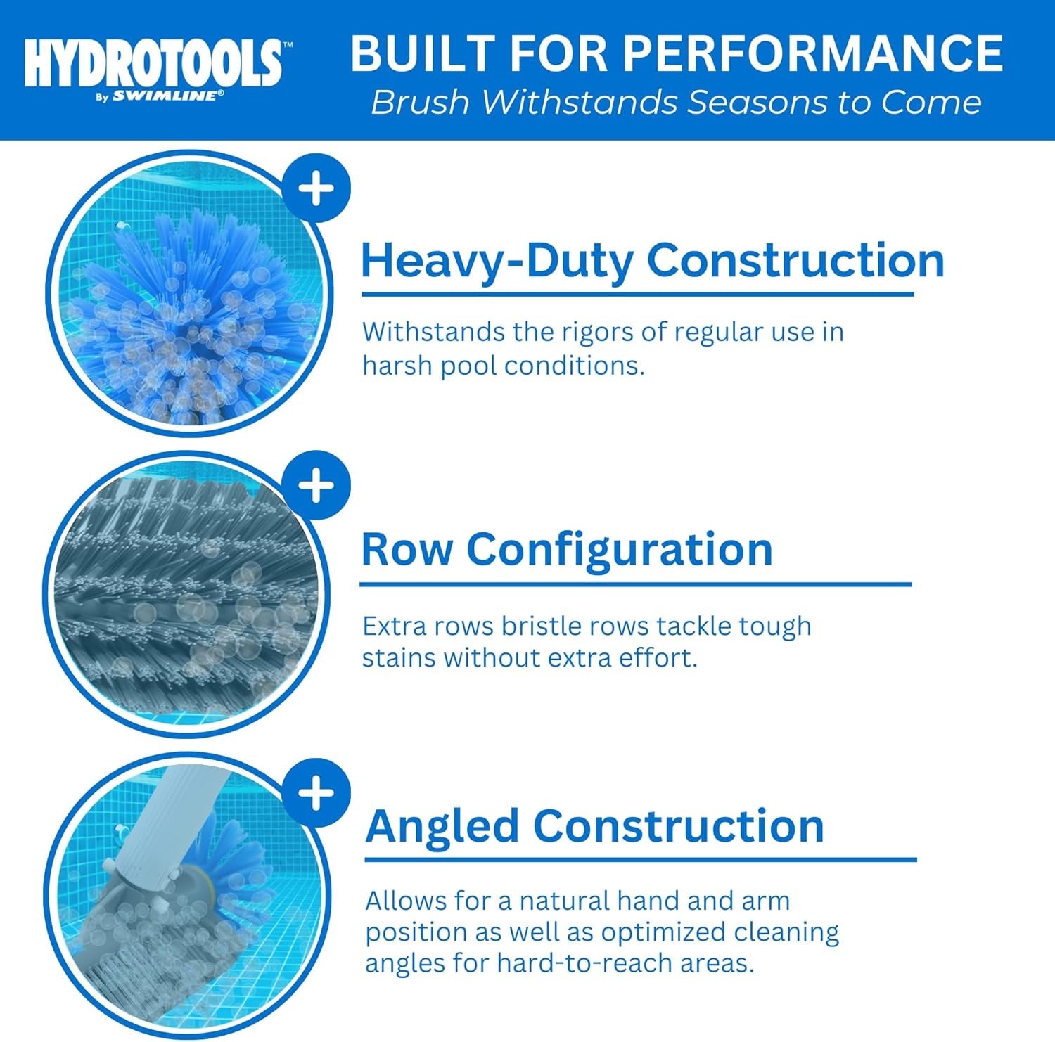 This pool brush was built for performance and was built to withstand seasons to come. It features heavy duty construction and was designed to withstand the rigors of regular use in harsh pool conditions. It features extra bristle rows to tackle tough stains without extra effort. Its angled construction allows for a natural hand and arm position as well as optimizing cleaning angles for hard-to-reach areas.