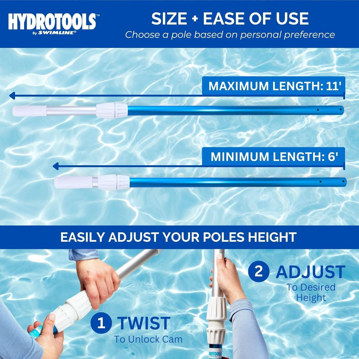 The maximum length of the telescopic pole is 11 ft and the minimum length if 6 ft. You can easily adjust this pole's height. Simply twist to unlock and adjust to your desired height.