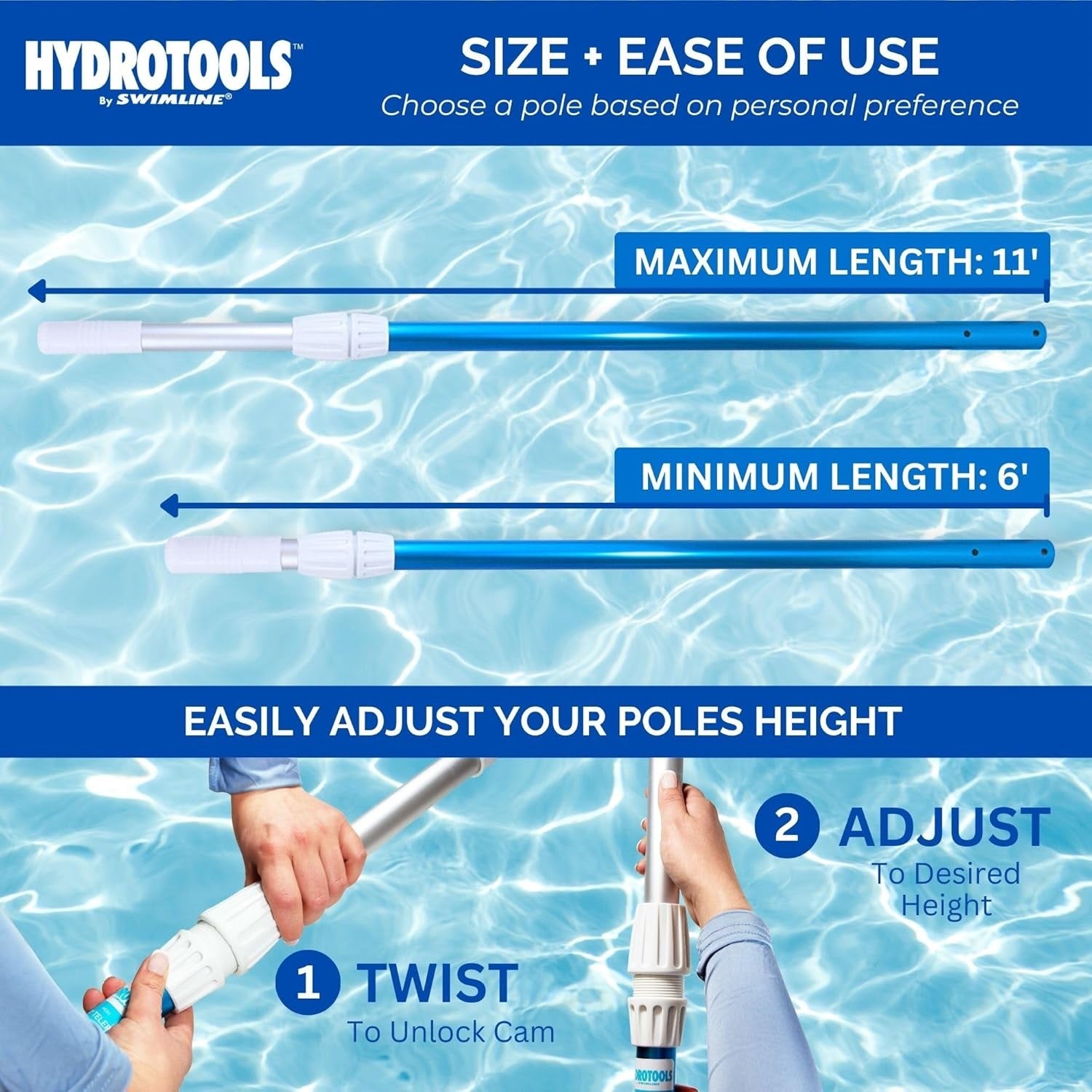 The maximum length of the telescopic pole is 11 ft and the minimum length if 6 ft. You can easily adjust this pole's height. Simply twist to unlock and adjust to your desired height.