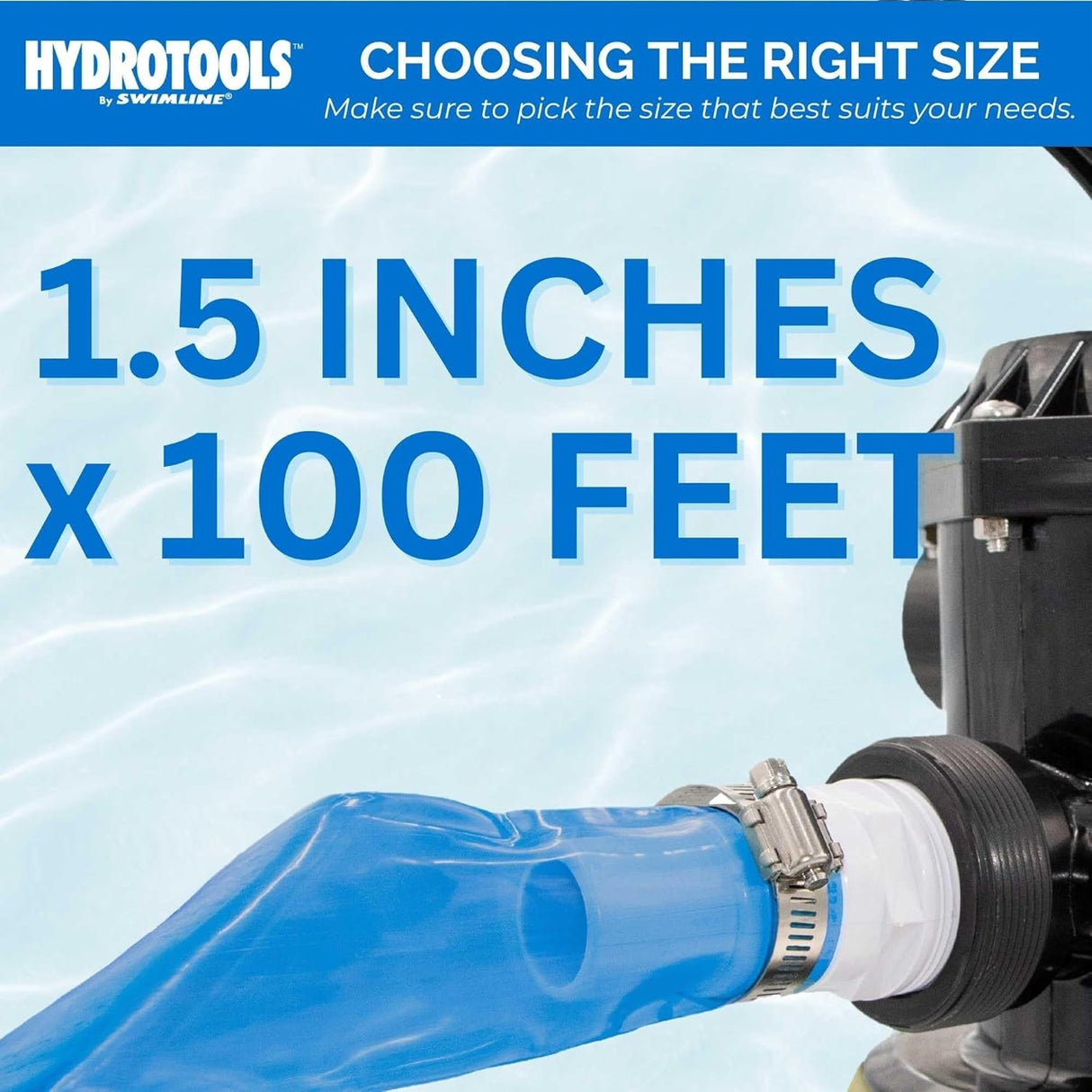 Blue PVC pool backwash hose that measures 100 feet long and 1.5 inches wide.