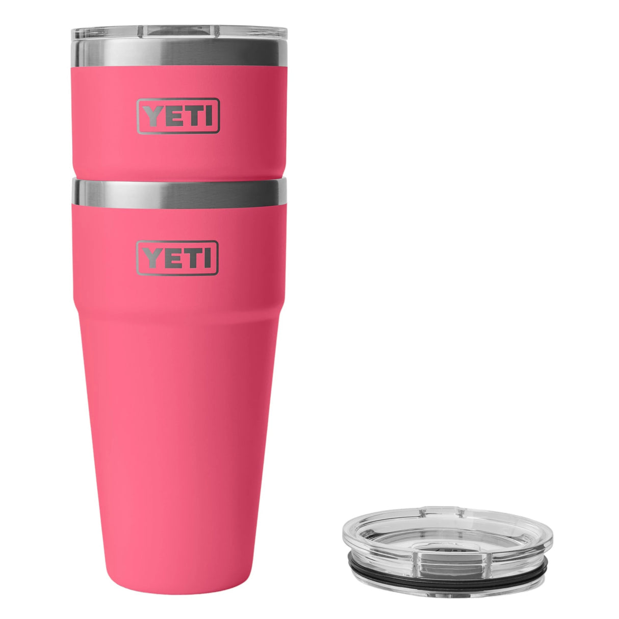 This image shows the pink colored Yeti Rambler cups stacked on top of each other.