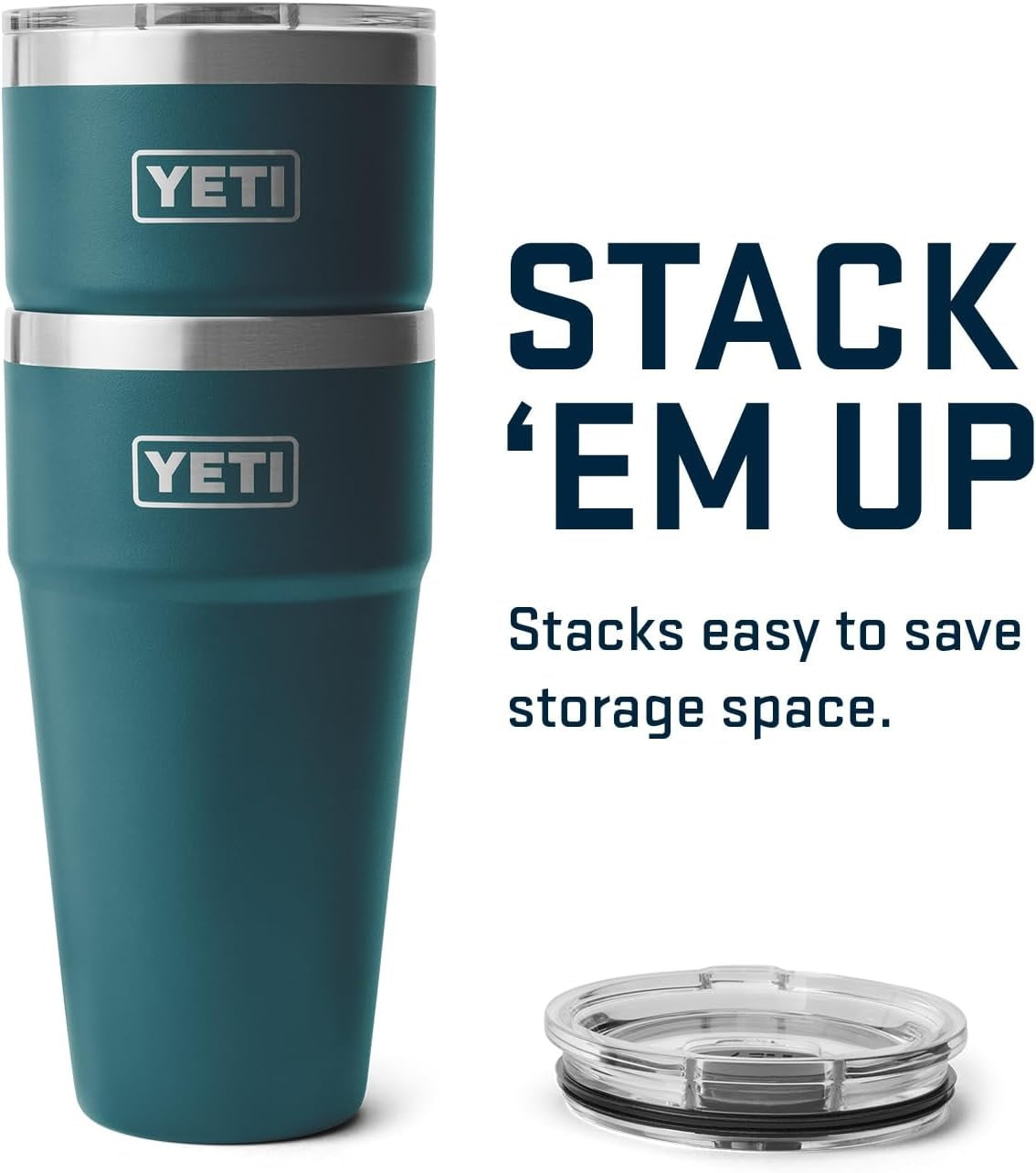 This image shows the teal colored Yeti Rambler cups stacked on top of each other. They stack easy to save storage space.