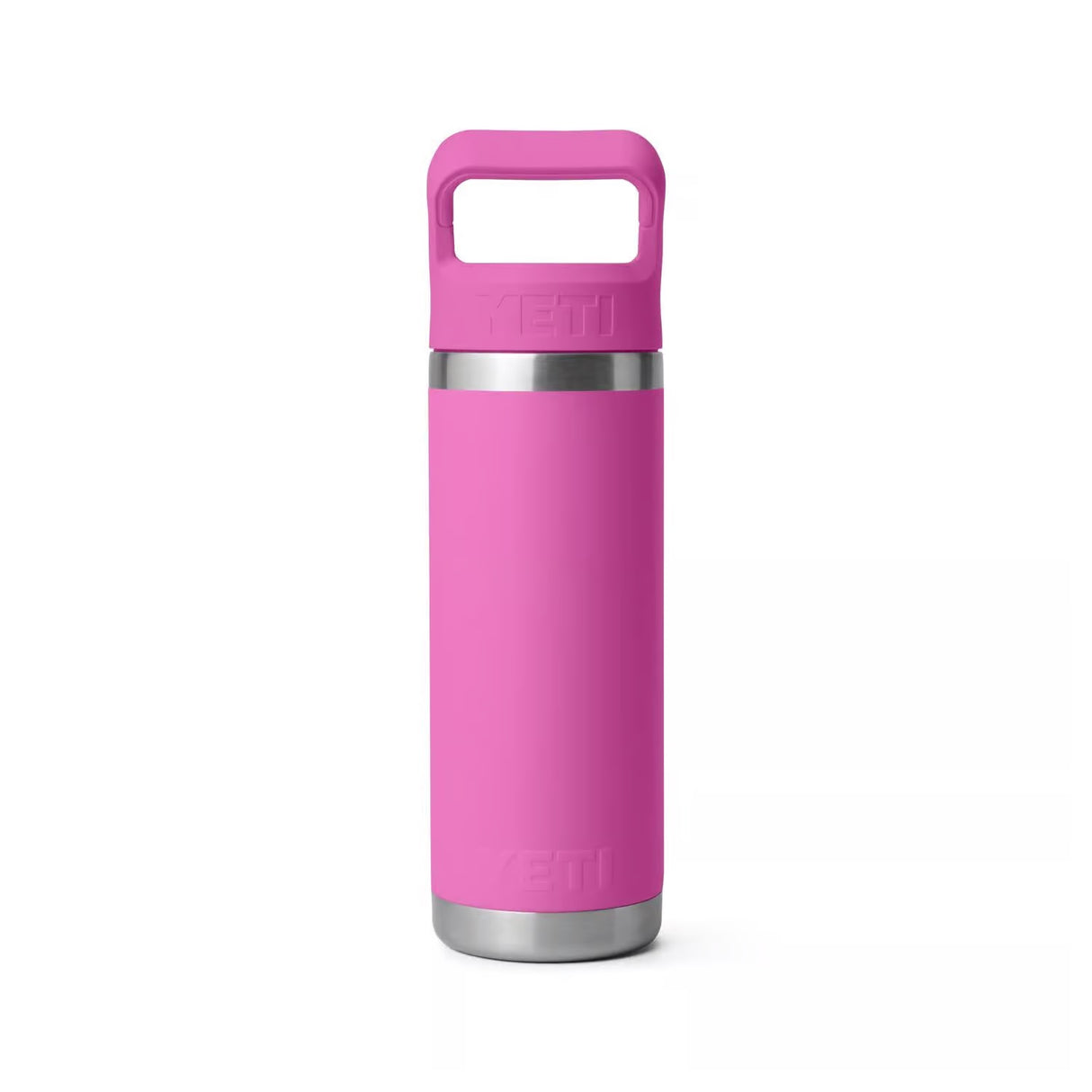 Fuchsia colored 18 oz. YETI water bottle. This image shows what the bottle looks like from the back.