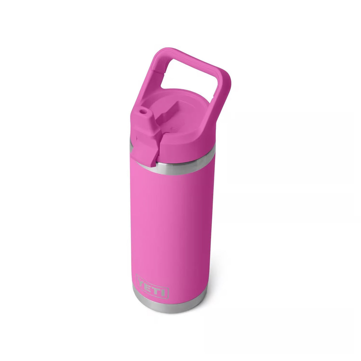 Fuchsia colored 18 oz. YETI water bottle. This image shows what it looks like with the straw sticking up.