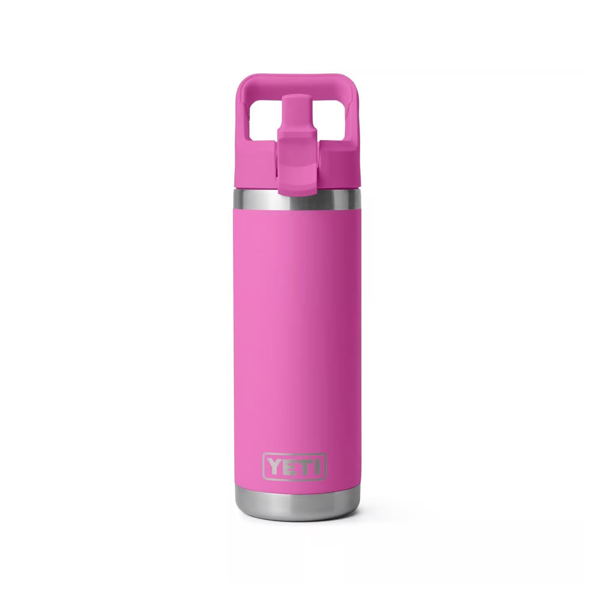 Fuchsia colored 18 oz. YETI water bottle. This image shows what the bottle looks like when the straw is up.