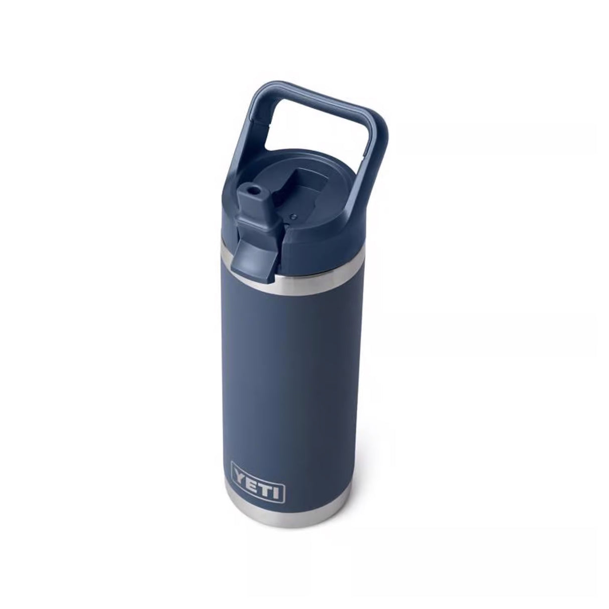 Navy colored 18 oz. YETI water bottle. This image shows what it looks like with the straw sticking up.