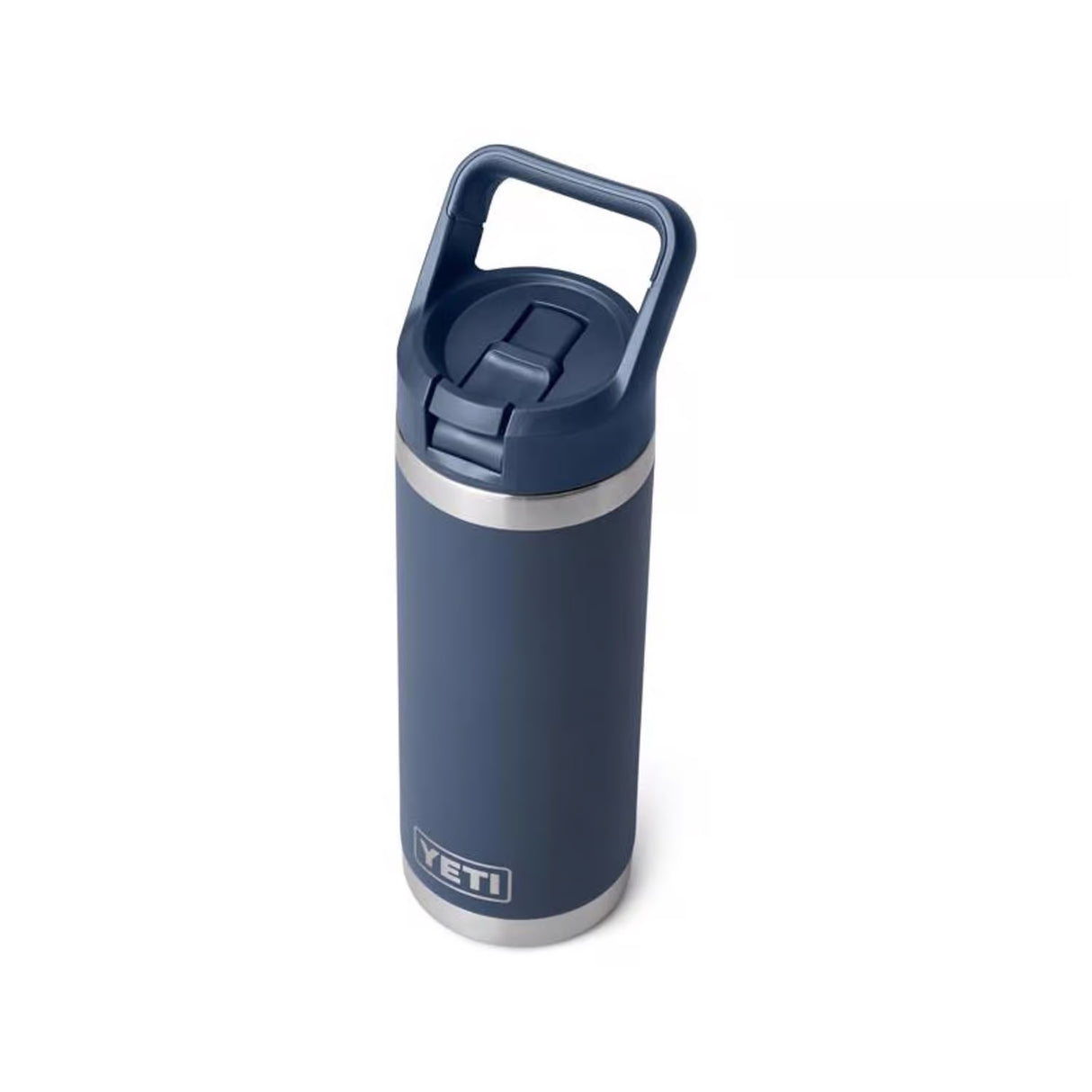 Navy colored 18 oz. YETI water bottle. This image shows what the bottle looks like when the straw is down.