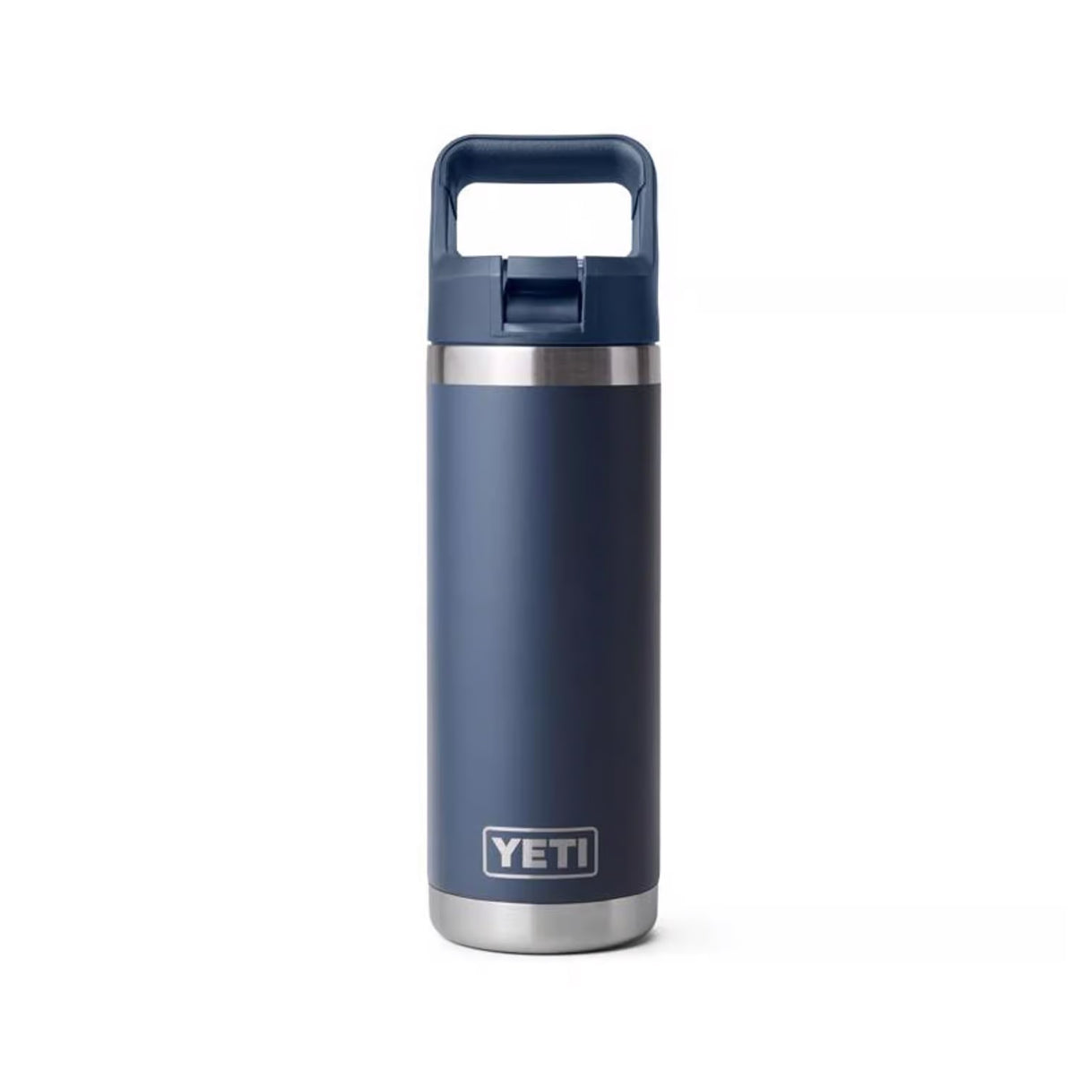 Navy colored 18 oz. YETI water bottle. This image shows what the bottle looks like when the straw is down.