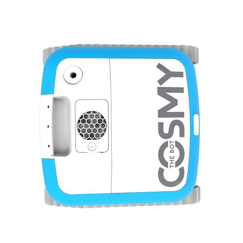 Robotic pool cleaner. Body is blue and white with gray bristles. This is the top view of it.