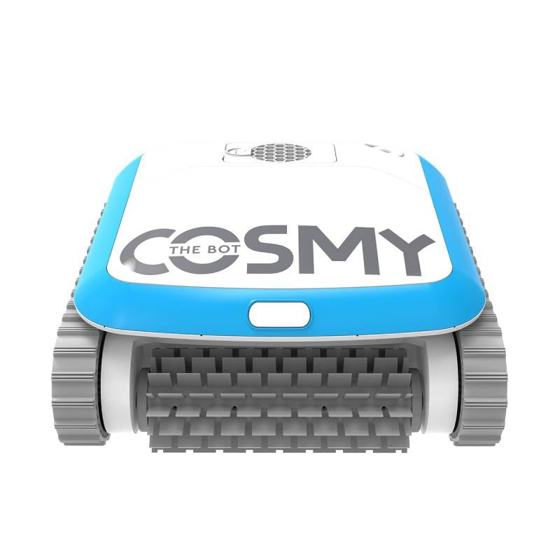 Robotic pool cleaner. Body is blue and white with gray bristles. This is a view of it from the front.