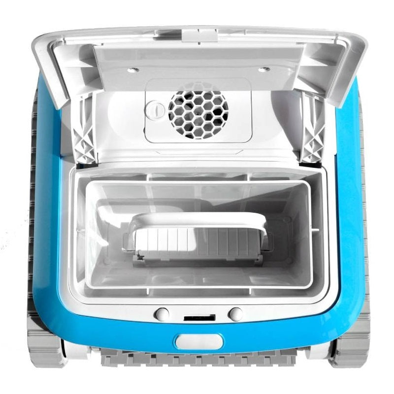 Robotic pool cleaner. Body is blue and white with gray bristles. This shows what it looks like with the lid up.