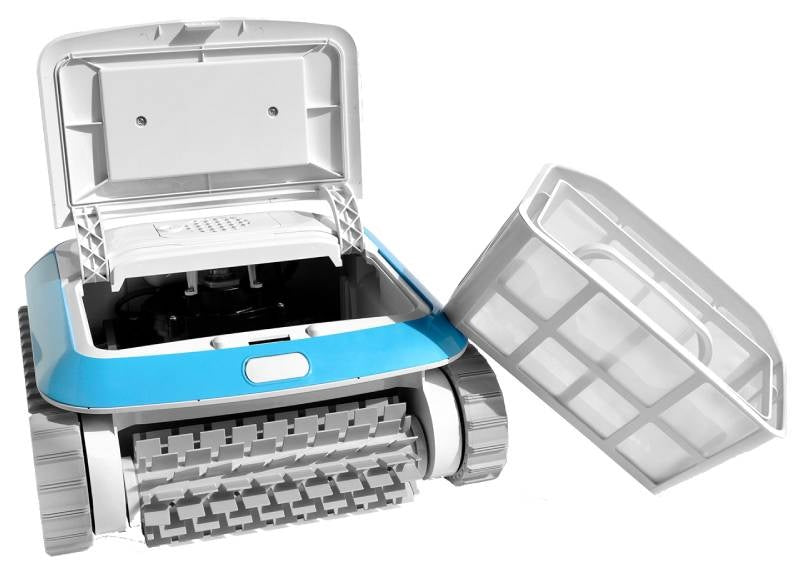 Robotic pool cleaner. Body is blue and white with gray bristles. This shows what it looks like when you take the basket out of it.