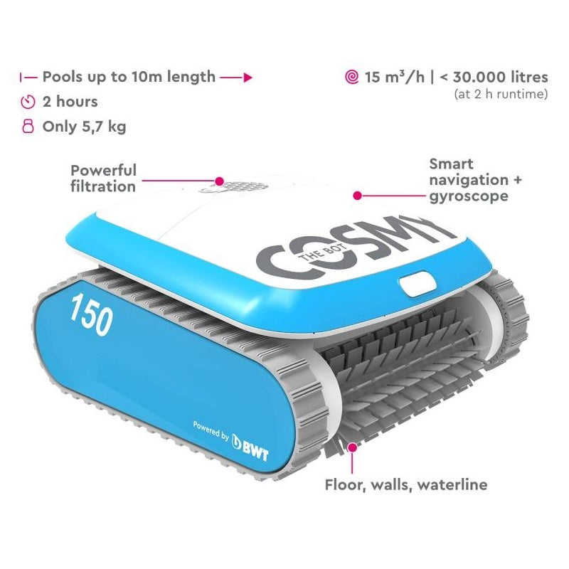 This Cosmy pool vacuum is for pools up to 10 meters (33 feet) in length. It has powerful filtration. Has a Smart navigation and gyroscope. The bristles are designed to clean the floor, walls and waterline of your pool.
