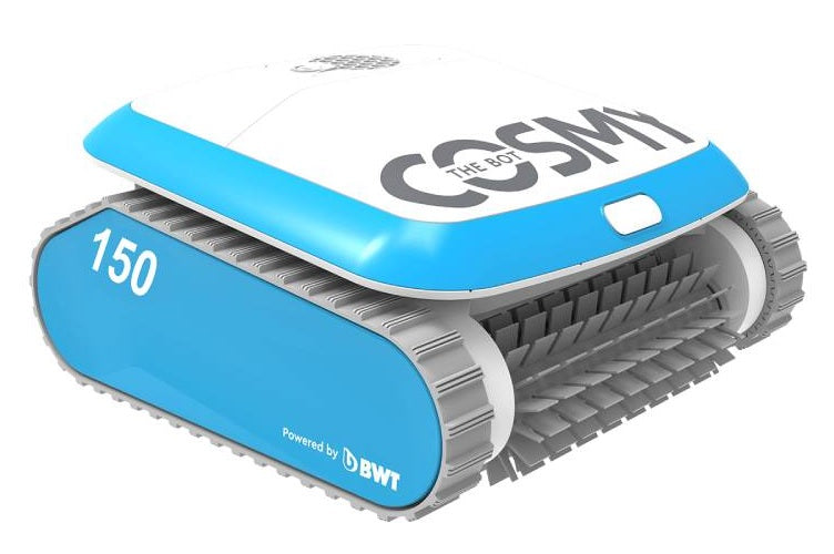 Robotic pool cleaner. Body is blue and white with gray bristles. This is a side profile.