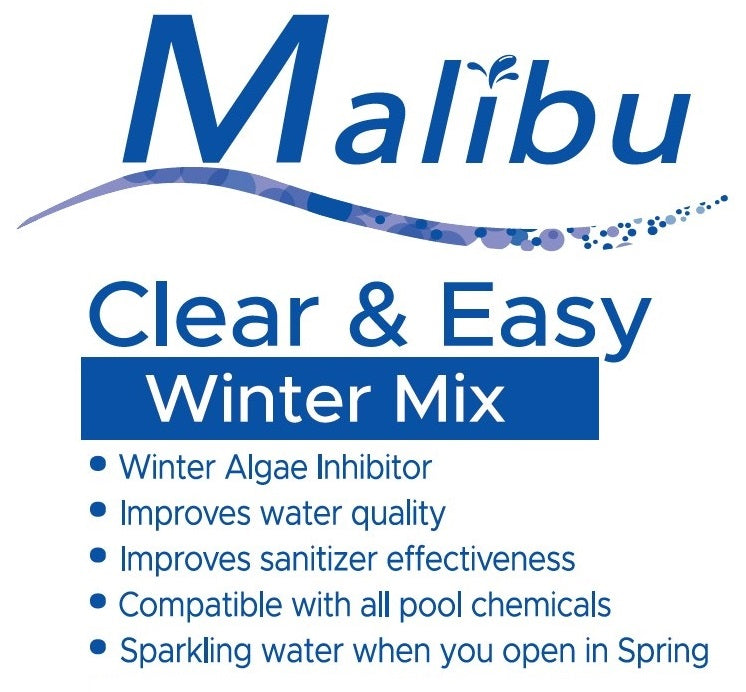 This is the information written on this item. It reads "Malibu Clear & Easy Winter Mix. Winter for pools. Winter algae inhibitor. Improves water quality. Improves sanitizer effectiveness. Compatible with all pool chemicals. Sparkling water when you open in Spring."