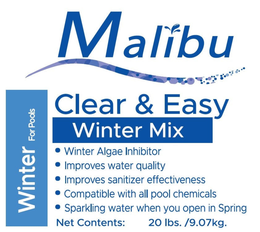 This is the information written on the 20 pound pail. It reads "Malibu Clear & Easy Winter Mix. Winter for pools. Winter algae inhibitor. Improves water quality. Improves sanitizer effectiveness. Compatible with all pool chemicals. Net contents: 20 lbs. 9.07kg."