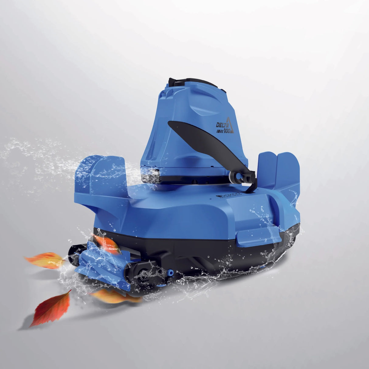 Cordless robotic pool vacuum. The body is blue and black and can move without supervision.