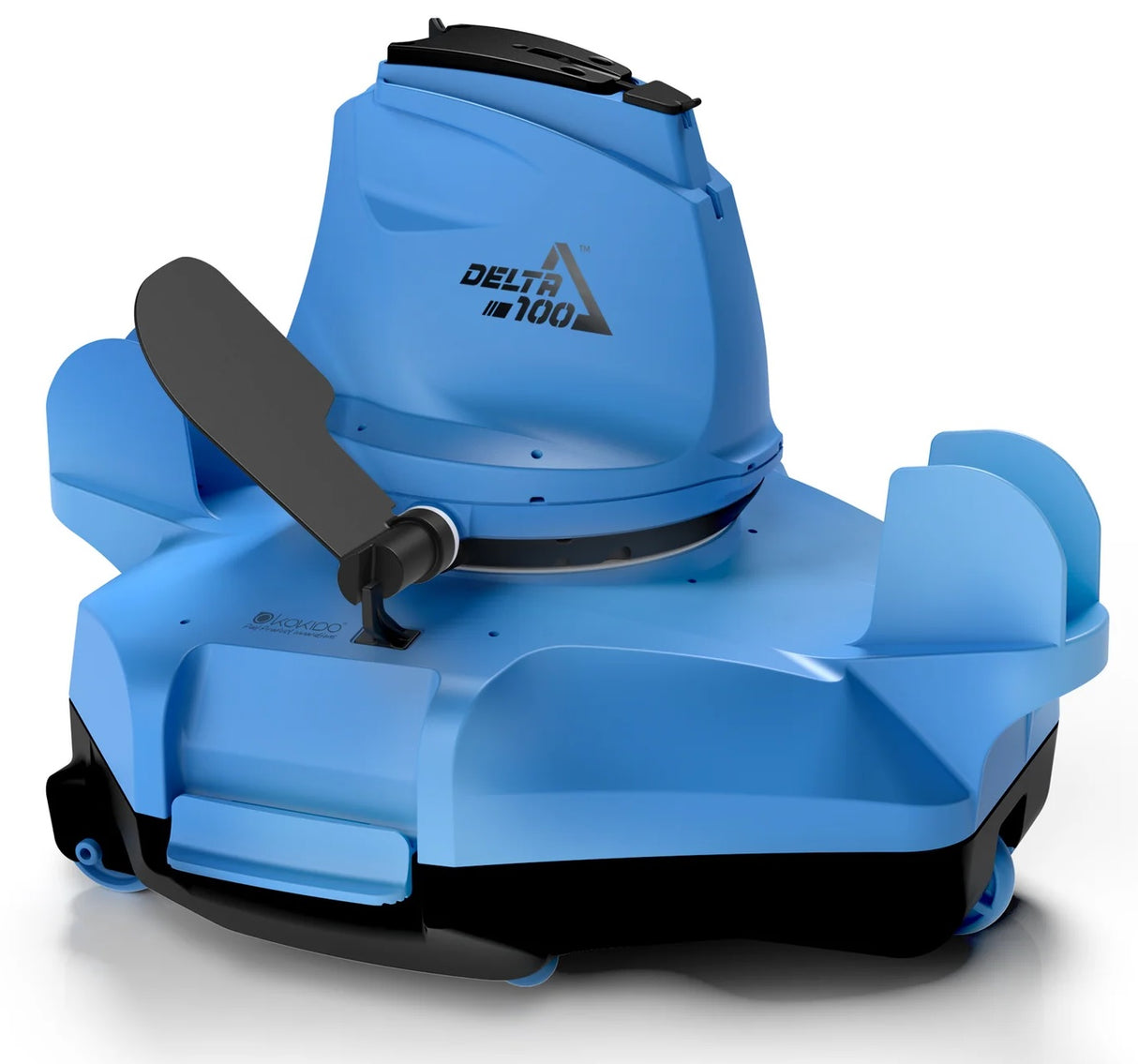 Cordless robotic pool vacuum. The body is blue and black and can move without supervision.