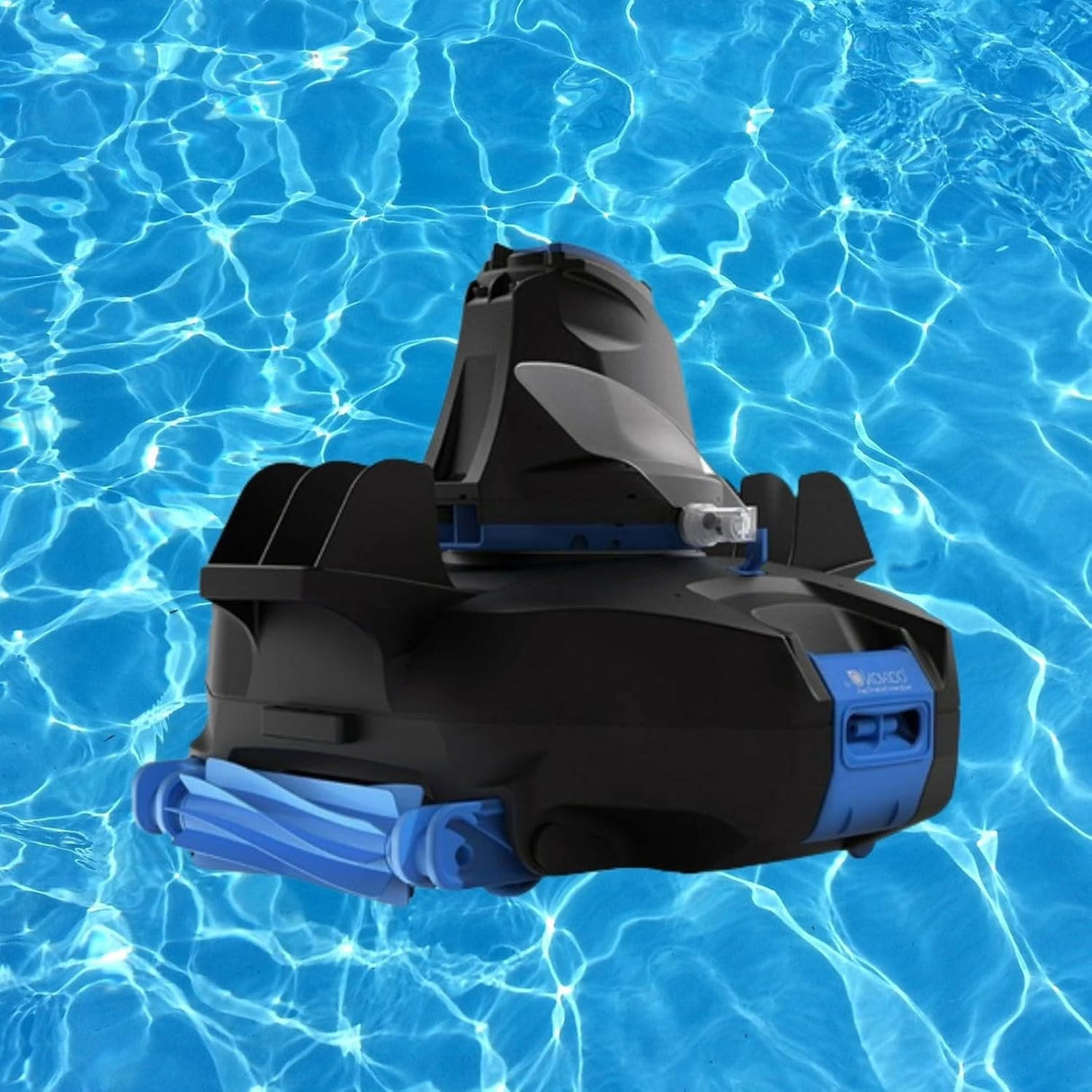 Cordless robotic pool vacuum. Body is black with hints of blue.