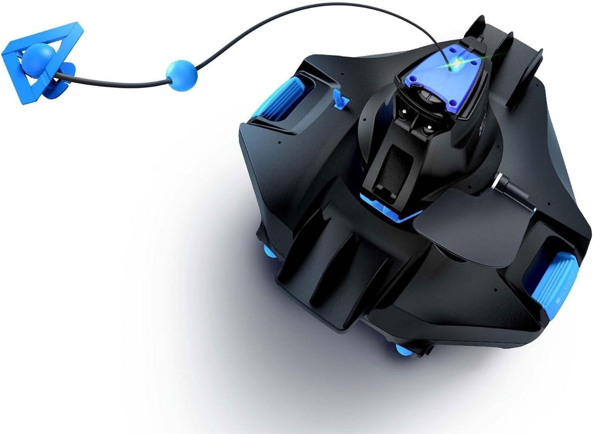 Cordless robotic pool vacuum. Body is black with hints of blue.