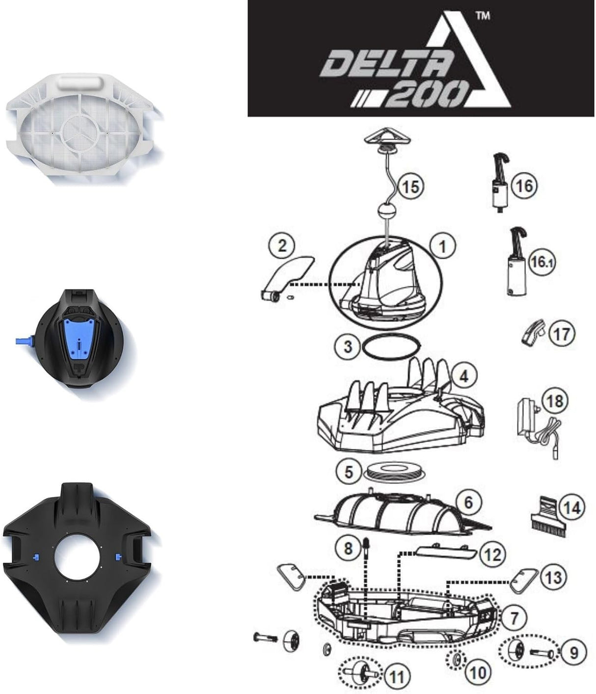 Cordless robotic pool vacuum. Body is black with hints of blue. This is an instruction sheet on how to put it together.