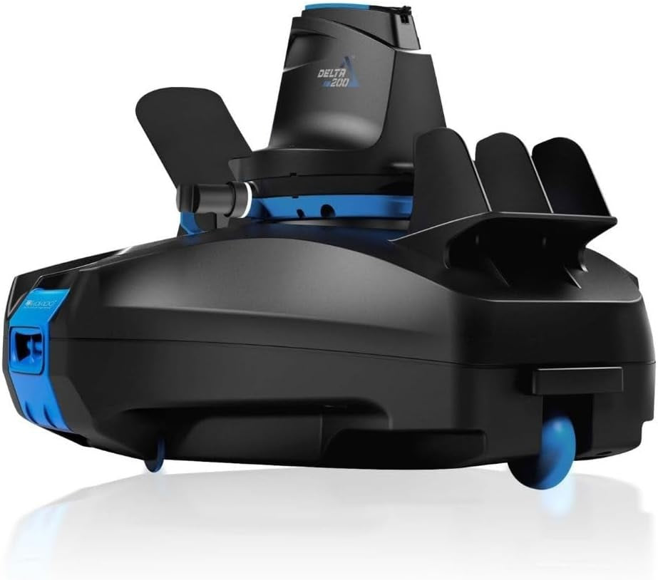Cordless robotic pool vacuum. Body is black with hints of blue.