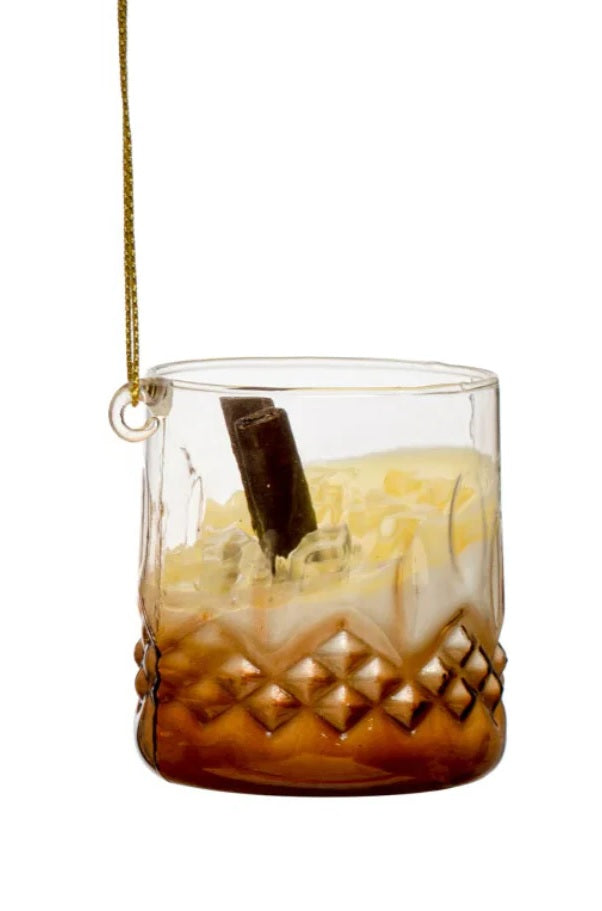 Cocktail shaped ornament. Crafted in the shape of a low ball whiskey glass. One ornament is a tequila sunrise. One ornament is a mudslide. One ornament is an old-fashioned.