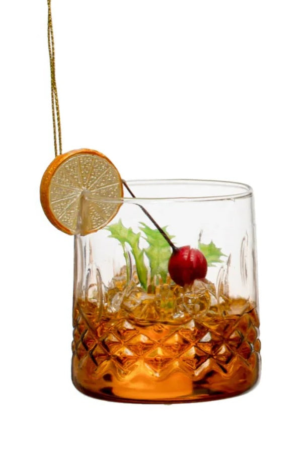 Cocktail shaped ornament. Crafted in the shape of a low ball whiskey glass. One ornament is a tequila sunrise. One ornament is a mudslide. One ornament is an old-fashioned.