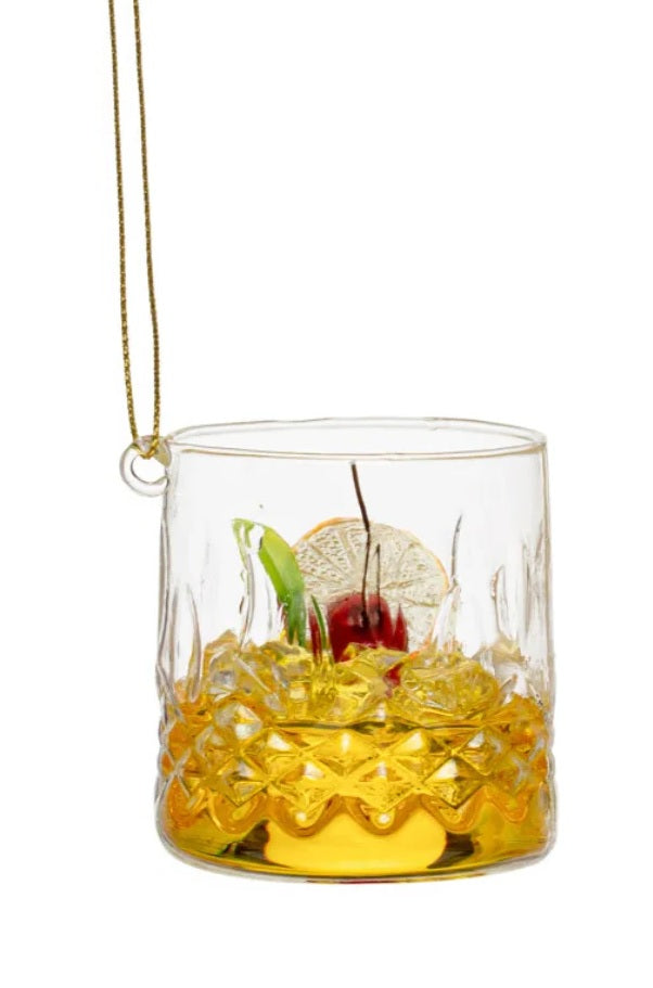Cocktail shaped ornament. Crafted in the shape of a low ball whiskey glass. One ornament is a tequila sunrise. One ornament is a mudslide. One ornament is an old-fashioned.