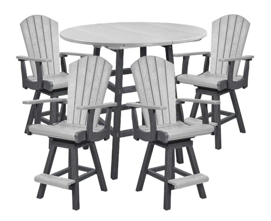 A two-tone light gray and dark gray counter height pub table with four swivel armchairs