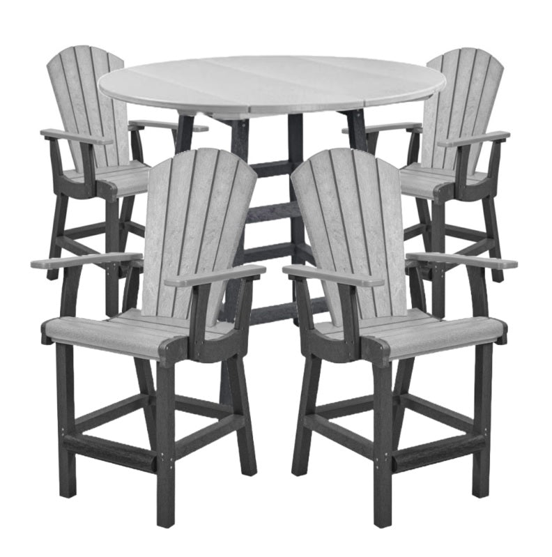 A two-tone light gray and dark gray counter height pub table with four armchairs