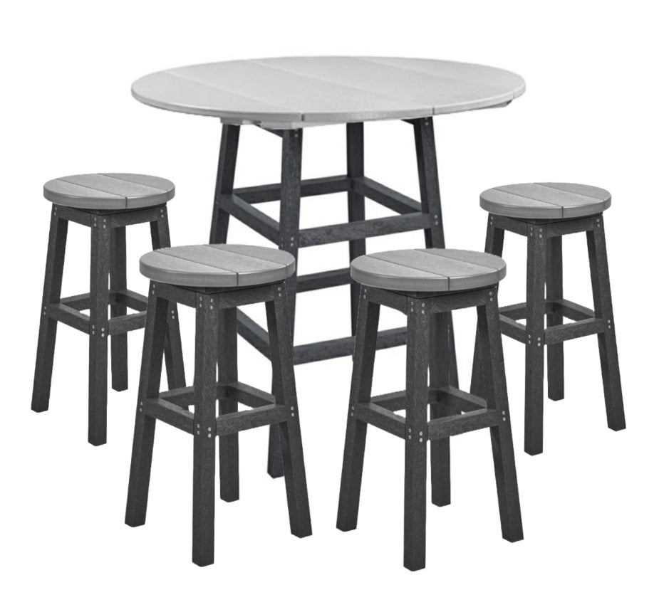 A two-tone light gray and dark gray counter height pub table with four backless barstools