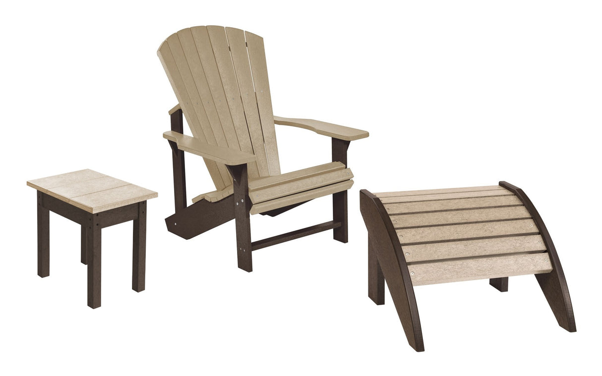 Brown and tan patio furniture including an end table, an adirondack chair and a footstool