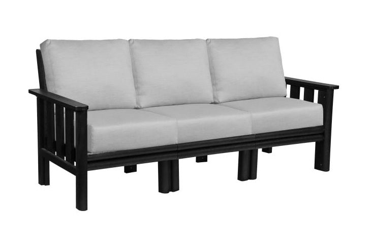 A black frame sofa with gray cushions