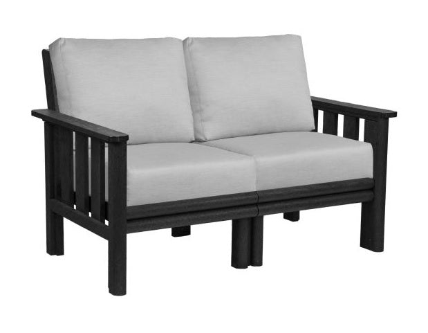 A black frame loveseat couch with gray cushions