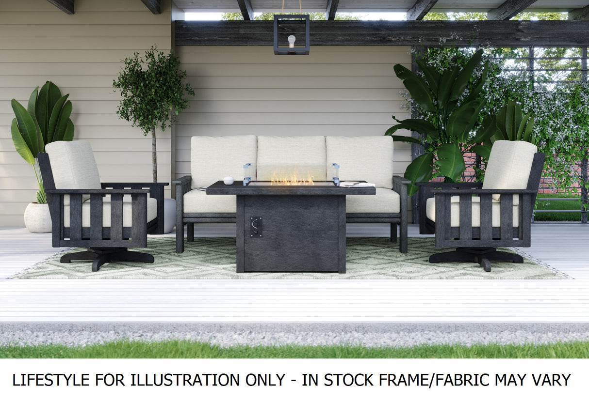 A resin patio furniture set including two swivel chairs, a sofa and a fire table on an outdoor porch