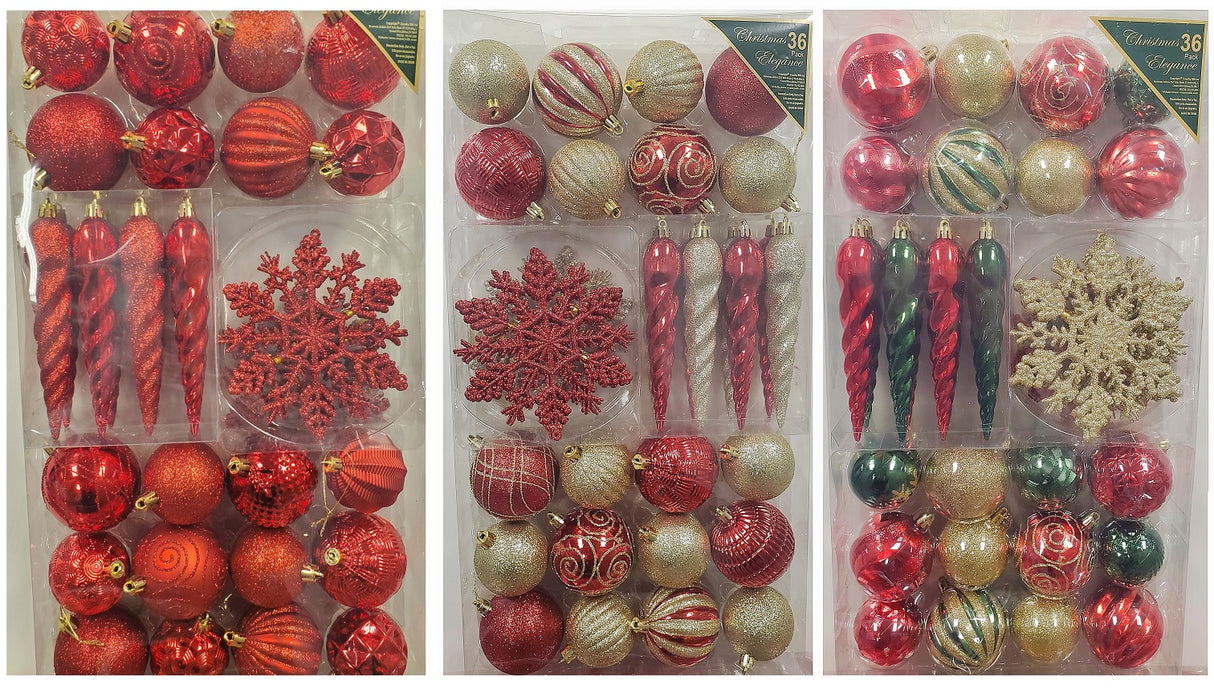 Set of 36 ornaments. One set features all Red ornaments in different sizes, shapes and textures. One set features Red and Gold ornaments in different sizes, shapes and textures. One set features Red, Green and Gold ornaments in different sizes, shapes and textures.