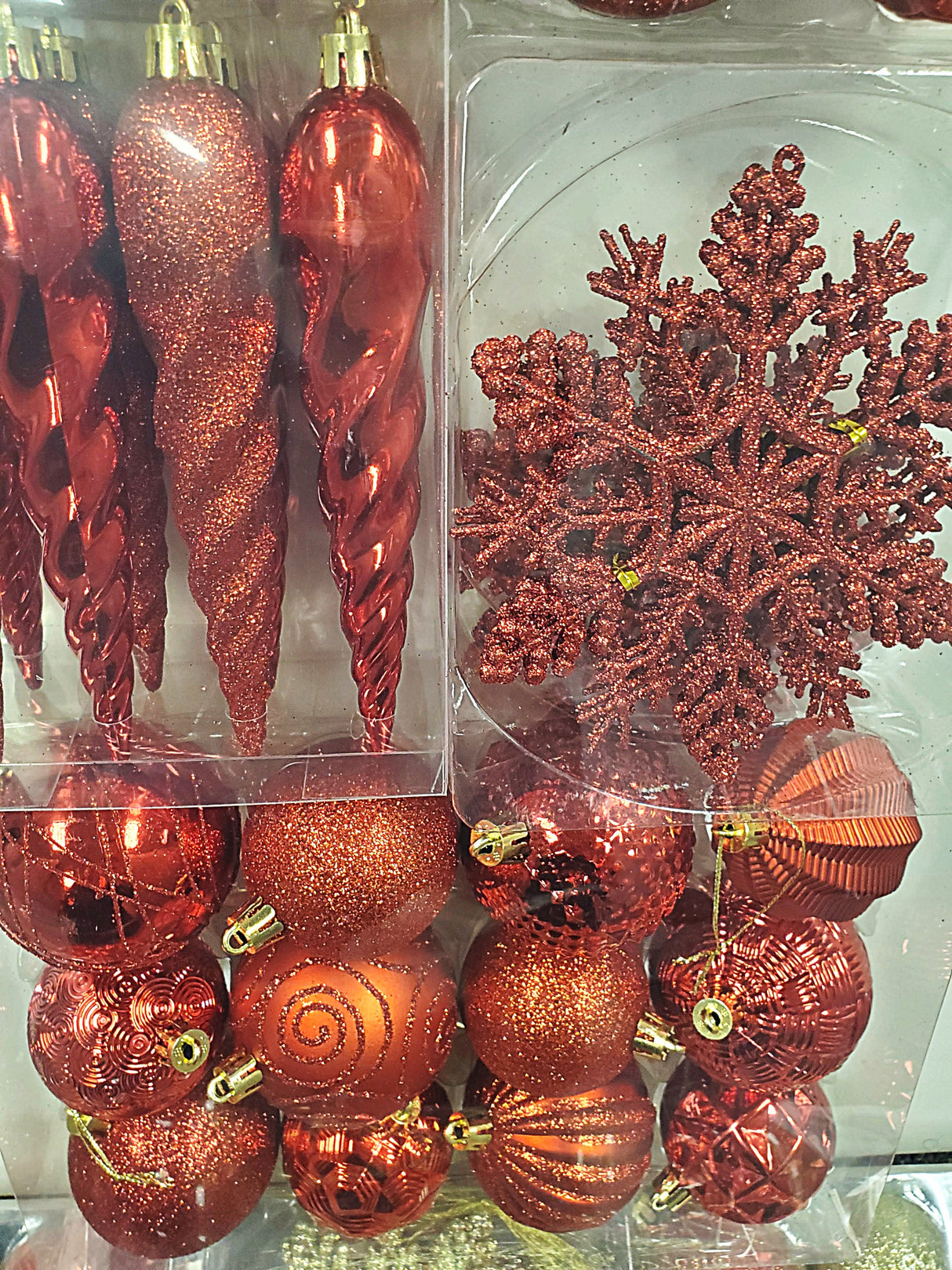 Set of 36 ornaments. One set features all Red ornaments in different sizes, shapes and textures. One set features Red and Gold ornaments in different sizes, shapes and textures. One set features Red, Green and Gold ornaments in different sizes, shapes and textures.