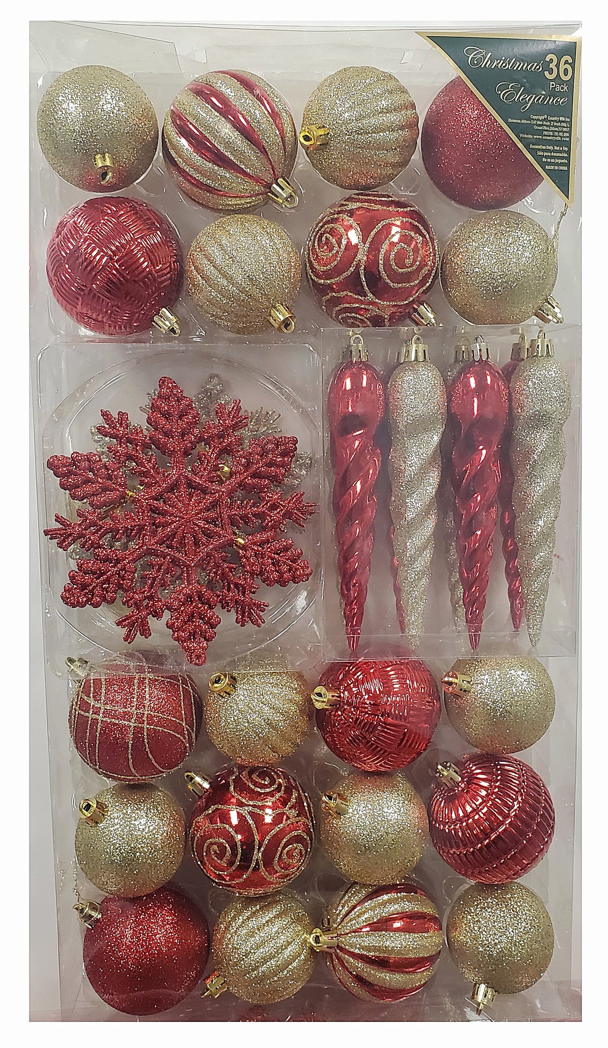 Set of 36 ornaments. One set features all Red ornaments in different sizes, shapes and textures. One set features Red and Gold ornaments in different sizes, shapes and textures. One set features Red, Green and Gold ornaments in different sizes, shapes and textures.