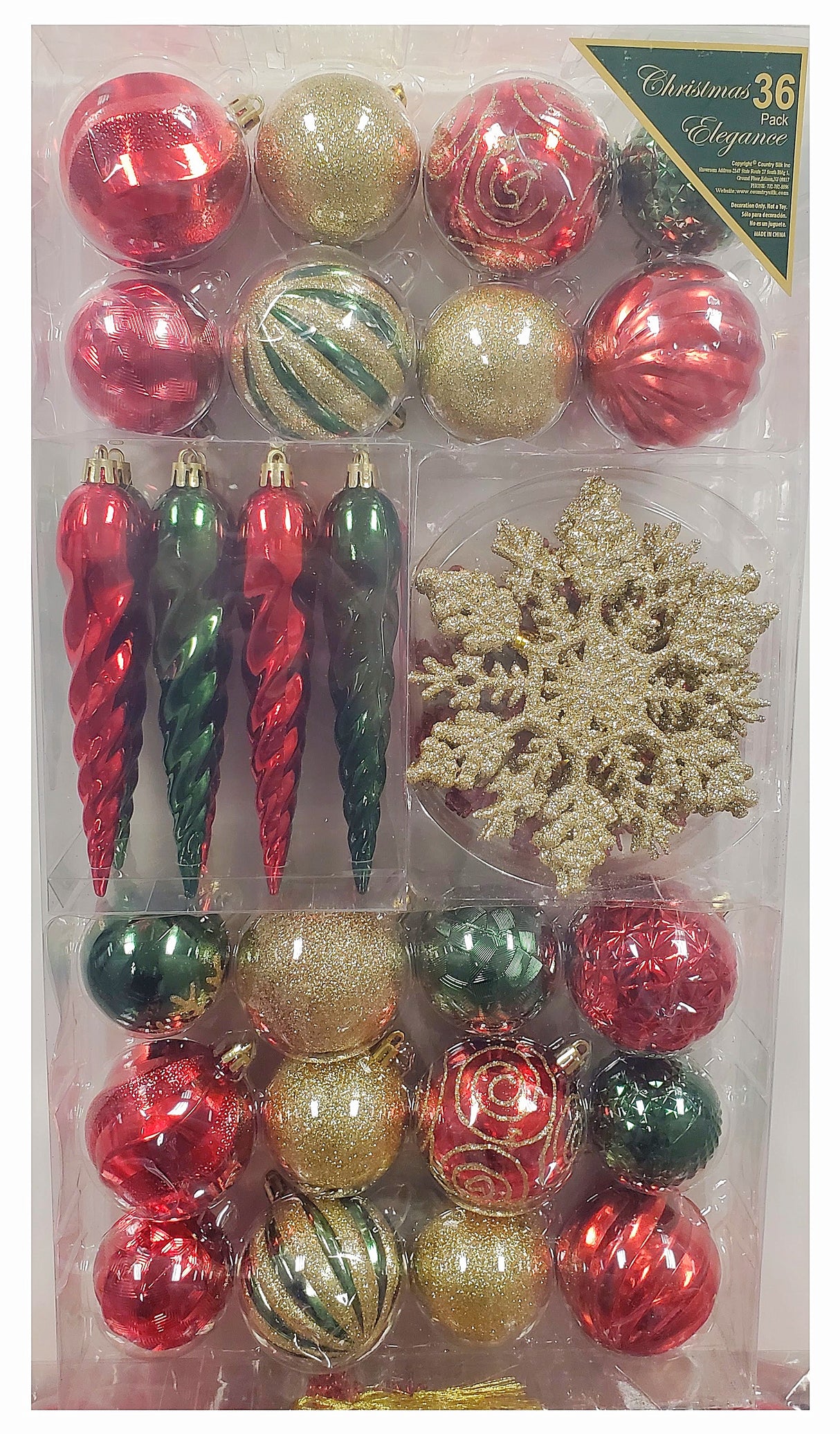 Set of 36 ornaments. One set features all Red ornaments in different sizes, shapes and textures. One set features Red and Gold ornaments in different sizes, shapes and textures. One set features Red, Green and Gold ornaments in different sizes, shapes and textures.