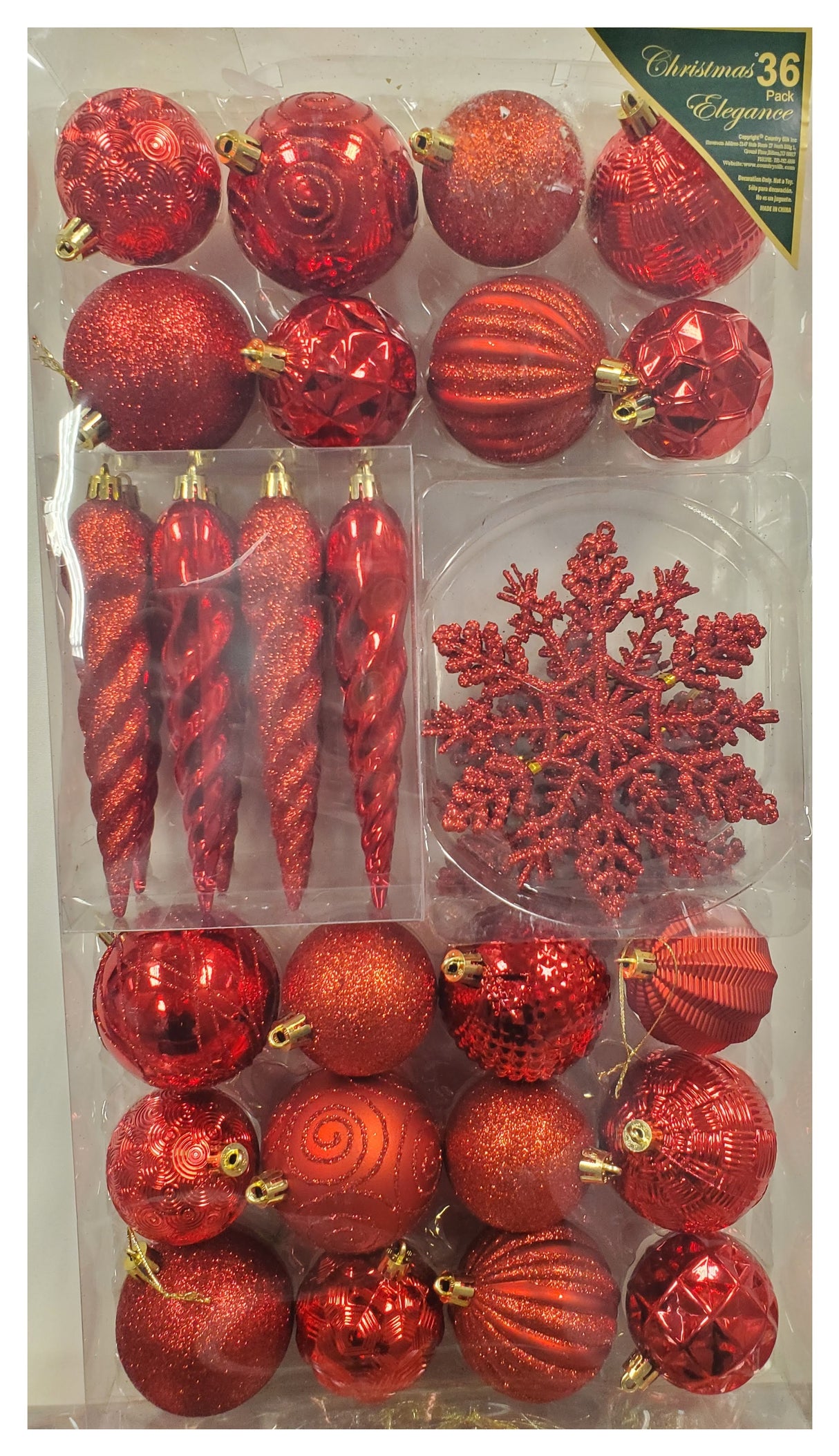 Set of 36 ornaments. One set features all Red ornaments in different sizes, shapes and textures. One set features Red and Gold ornaments in different sizes, shapes and textures. One set features Red, Green and Gold ornaments in different sizes, shapes and textures.